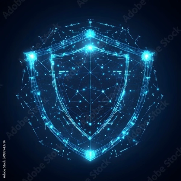 Fototapeta Medical security health shield translucent low poly triangle futuristic glowing surrounded by arrows. On dark blue background. Immunity protection medical innovation concept.