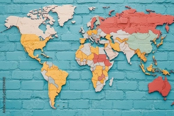 Fototapeta A map of the world divided by walls labeled  Tariffs  and  Quotas , trade protectionism, global economy isolation