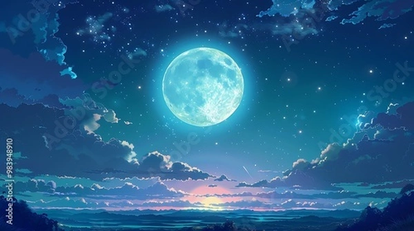 Fototapeta Beautiful Blue Skies with Nature, Moon ,Cloud ,Beach scenery, Tree, night -Anime concept Background