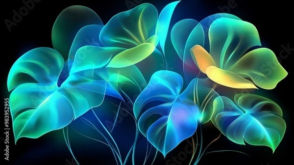 Fototapeta A colorful image of three leaves with a yellow flower in the middle. The leaves are blue and green, and the flower is yellow. The image has a vibrant and lively mood