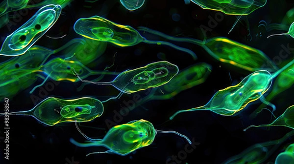 Fototapeta Vivid Microscopic Image of Euglena in Green and Blue with Flagella Highlighted