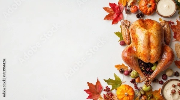 Fototapeta Cozy Thanksgiving Feast: Roasted Turkey and Festive Delights with Copy Space Background, Generative Ai