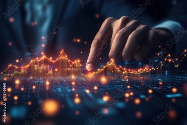 Fototapeta A business professional's hand interacts with a glowing 3D digital data chart.