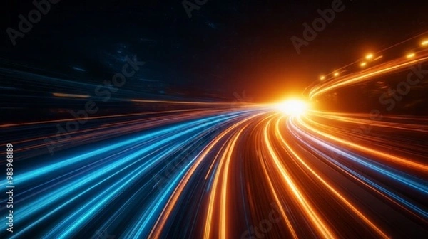 Fototapeta A captivating display of high-speed light streaks in blue and orange, creating a dynamic motion effect that evokes speed and energy during nighttime scenes