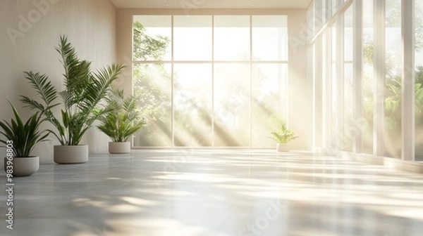Fototapeta A serene interior space featuring large windows that invite soft light in, showcasing a modern design with greenery and a peaceful atmosphere