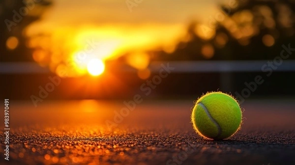 Fototapeta Close up of a tennis ball lying on the court surface as the sun sets in the background, creating a serene and beautiful scene