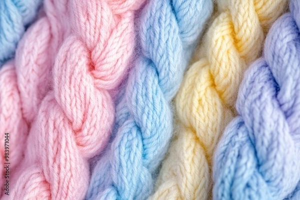 Fototapeta Close - up of knitted wool texture with thick yarn in soft pastel colors