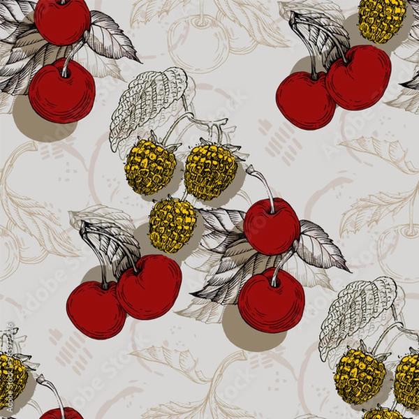 Fototapeta Seamless Pattern with raspberry and cherry. Color sketch style hand drawn background. Detailed illustration, hand drawn. Great for fabric and textile, prints, invitation, packaging