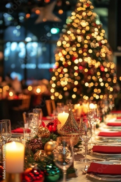 Obraz Elegant Christmas dinner table setting with red and gold decorations, candles, and greenery, set in front of a Christmas tree with glowing bokeh lights.