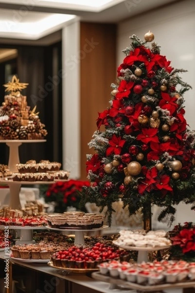 Fototapeta Elegant Christmas dinner table setting with red and gold decorations, candles, and greenery, set in front of a Christmas tree with glowing bokeh lights.
