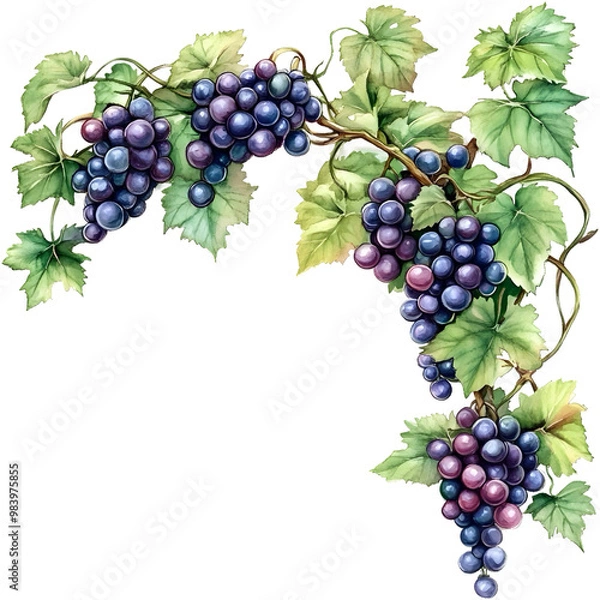 Fototapeta grapes vine, watercolor, corner border,isolate