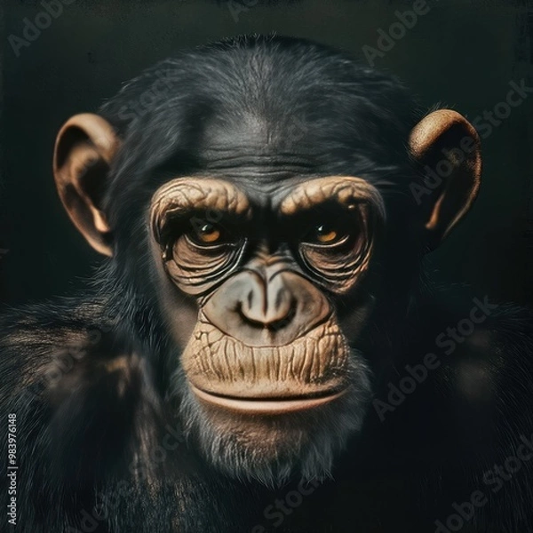 Fototapeta A 3D chimpanzee with a playful expression, featured with a black background, highlighting charm of zoo primates