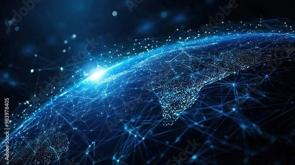Fototapeta Abstract digital planet Earth with network connections on a blue background, a global communication and technology concept. Space view of the Earth in space. generated ai