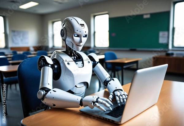 Obraz Humanoid robot using laptop. Generative AI