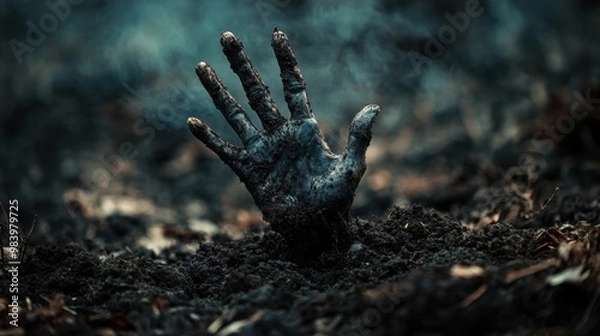Fototapeta A dark, eerie hand emerging from the soil in a spooky Halloween setting, creating a mysterious and haunting visual