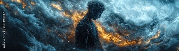 Fototapeta A haunting abstract artwork depicting a figure engulfed in a sea of dark, swirling patterns. The figureÃ¢â‚¬â„¢s distorted form and the surrounding tumultuous colors represent the depth of emotional