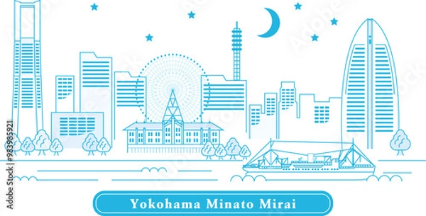 Obraz Yokohama Minatomirai 横浜みなとみらい｜ランドマークタワーや赤レンガ倉庫など…おしゃれなベイエリア横浜みなとみらいの街並み線画イラスト(水色)