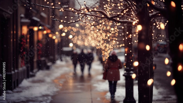 Obraz Snowy city street with twinkling Christmas lights and bokeh. Christmas 2024
