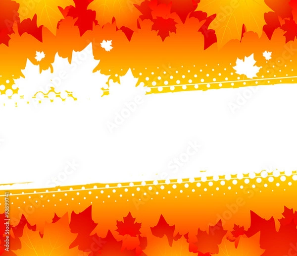Fototapeta Autumn abstract background. Silhouettes of maple leaves on an orange background