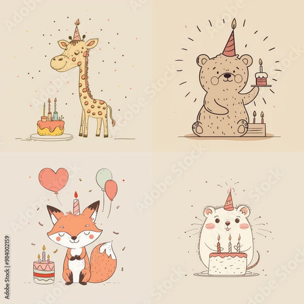 Obraz set of animals on light backdrop front view. stickers with different cute animals. animals celebrate their birthday. Birthday party with  funny giraffe, bear, fox, hamster isolated on background