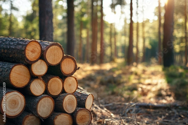 Fototapeta Pile of freshly cut logs stacked in forest. Concept of forestry, logging and natural resources.
