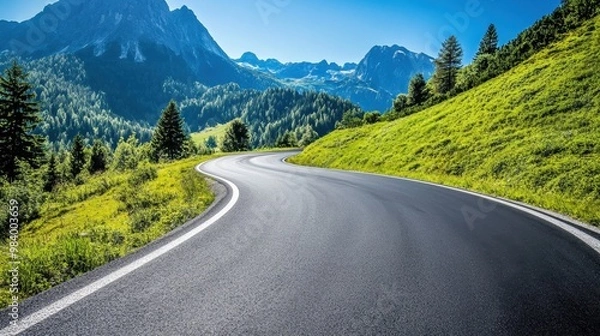 Fototapeta Winding asphalt road in the Austrian Alps surrounded by lush greenery and towering mountains under a clear blue sky
