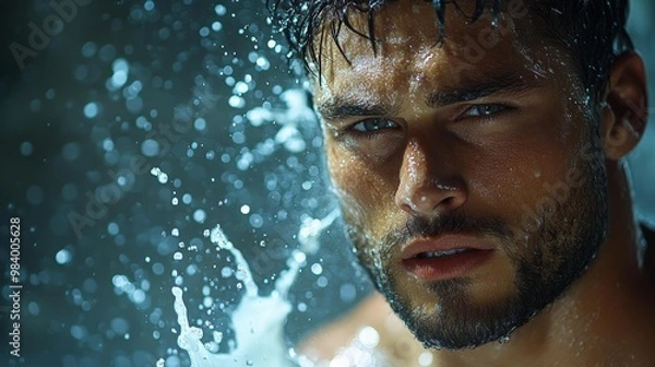 Fototapeta Close-up of a Wet Man with Water Droplets Generative AI