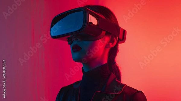 Fototapeta A woman wearing virtual glasses will wipe while controlling a program. AI Generated