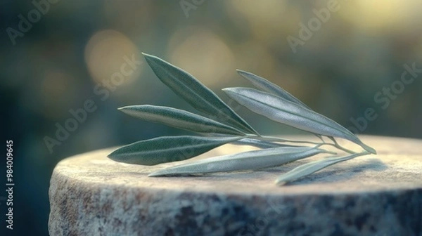 Fototapeta Olive leaf on stage: A pair of slender olive leaves resting on a stone podium. The leaves' subtle green and silver tones are accentuated by soft lighting, with a inspired blurred background.