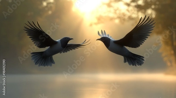 Obraz Two birds gracefully flying in a serene landscape at sunrise, showcasing nature's beauty and tranquility.