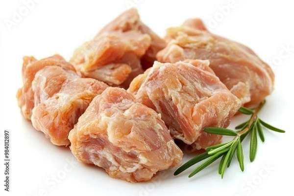 Fototapeta Close-up of chicken meat with skin, isolated on white,