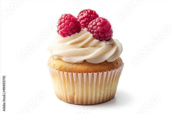 Fototapeta Cupcake with white cream and raspberries on isolated background