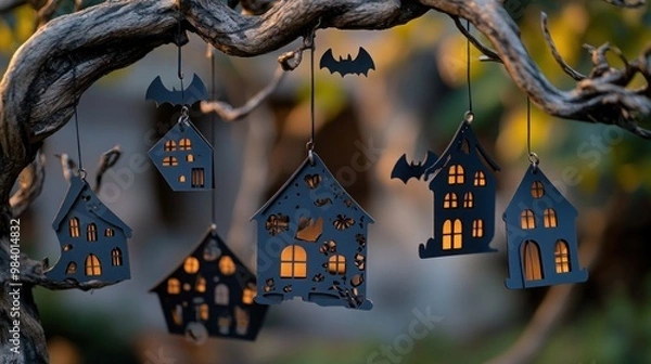 Fototapeta Halloween-themed laser-cut ornaments shaped like spooky houses and bats, hanging from an aged, twisted tree branch.