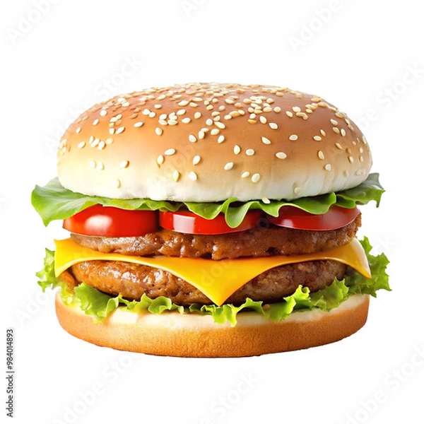 Obraz A hamburger with a cheeseburger and tomato on it