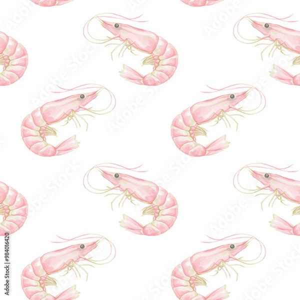 Fototapeta Watercolor seamless pattern with pink shrimps on a white background. Cute illustration for textiles and wrapping paper