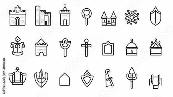 Fototapeta A Collection of 20 Black and White Line Art Icons Depicting Medieval and Fantasy Architectural Elements, Including Castles, Towers, Shields, and Other Symbolic Objects