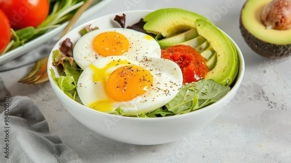 Fototapeta Hearty Whole30 breakfast bowl with eggs, avocado, and mixed greens, photo realistic, copy space for text, Whole30 Diet, morning meal