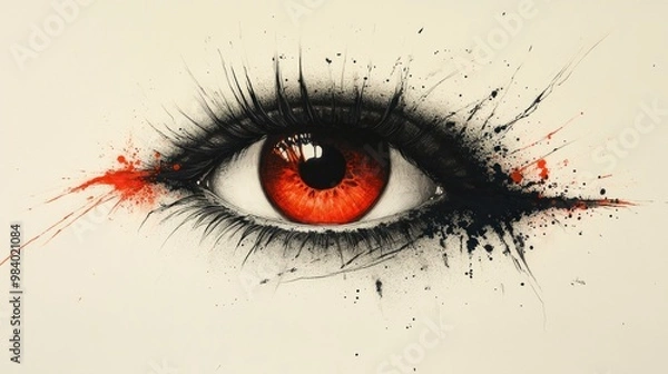 Fototapeta A striking eye illustration with red hues and splatter effects.