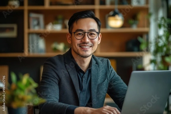 Fototapeta Manager at desk with laptop, workplace, productivity