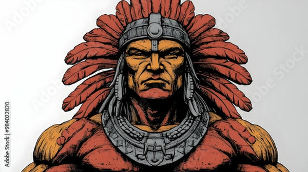 Fototapeta A Detailed Illustration of a Native American Warrior Wearing a Traditional Headdress with Red Feathers and a Grey Necklace, Drawn in a Realistic Style with a Focus on Intricate Detail and Strong Lines