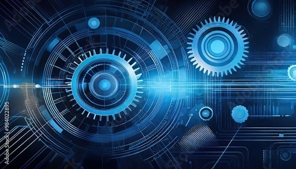 Fototapeta realms abstraction, Abstract blue digital technology background with gears and cogs, Seamless Gear Edge Border Frame
