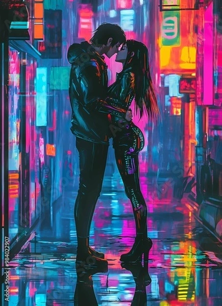 Fototapeta Vector illustration of anime characters kissing, neon colors, vector art style, high detail, colorful, fantasy, cyberpunk