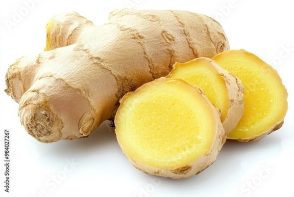 Obraz Generate an image of a whole ginger root alongside two slices showing the interior