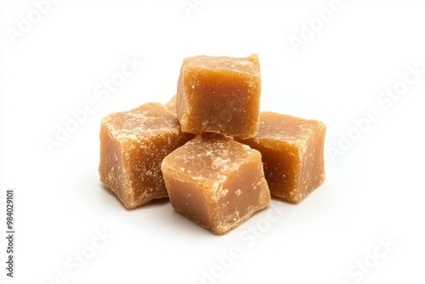 Fototapeta Small, golden-brown jaggery cubes appearing as if floating isolated on a white background