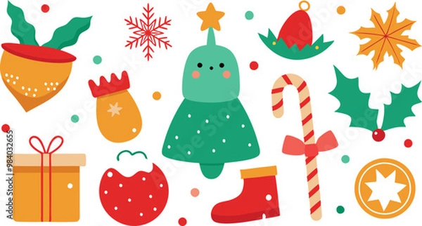 Fototapeta Christmas elements collection in hand drawn vector illustration, Print