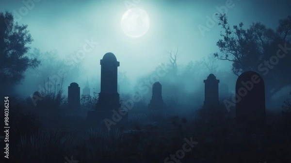 Fototapeta Dark silhouetted graveyard with headstones set against a foggy eerie background Soft glowing moonlight casts long shadows across the landscape