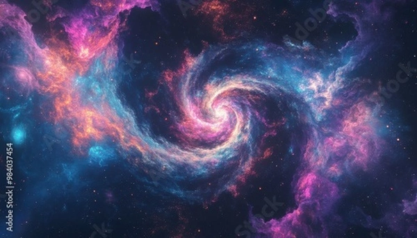 Fototapeta A spiral galaxy with a blue and purple swirl. The galaxy is filled with stars and is surrounded by a dark background. The colors of the galaxy are vibrant. The galaxy appears to be in motion