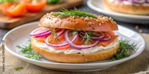 Fototapeta Close-Up of a Delicious Bagel Sandwich with Cream Cheese, Smoked Salmon, and Fresh Dill on a White Plate Surrounded by Sprigs of Dill, Highlighting Vibrant Colors and Inviting