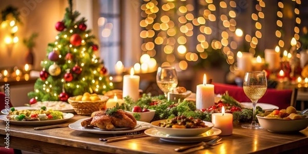Obraz Close-Up of a Festively Set Rustic Christmas Dinner Table Showcasing a Centerpiece Tree with Lights and Baubles, Surrounded by a Scrumptious Feast and Soft Candle Glow, Inviting
