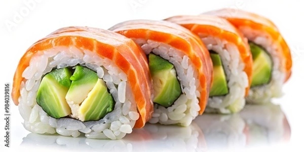 Fototapeta Close-Up of Four Vibrantly Colored Sushi Rolls in a Straight Arrangement on a White Surface, Showcasing Pearly Rice, Bright Avocado, and Salmon Wrapped Like Ribbons Under Soft